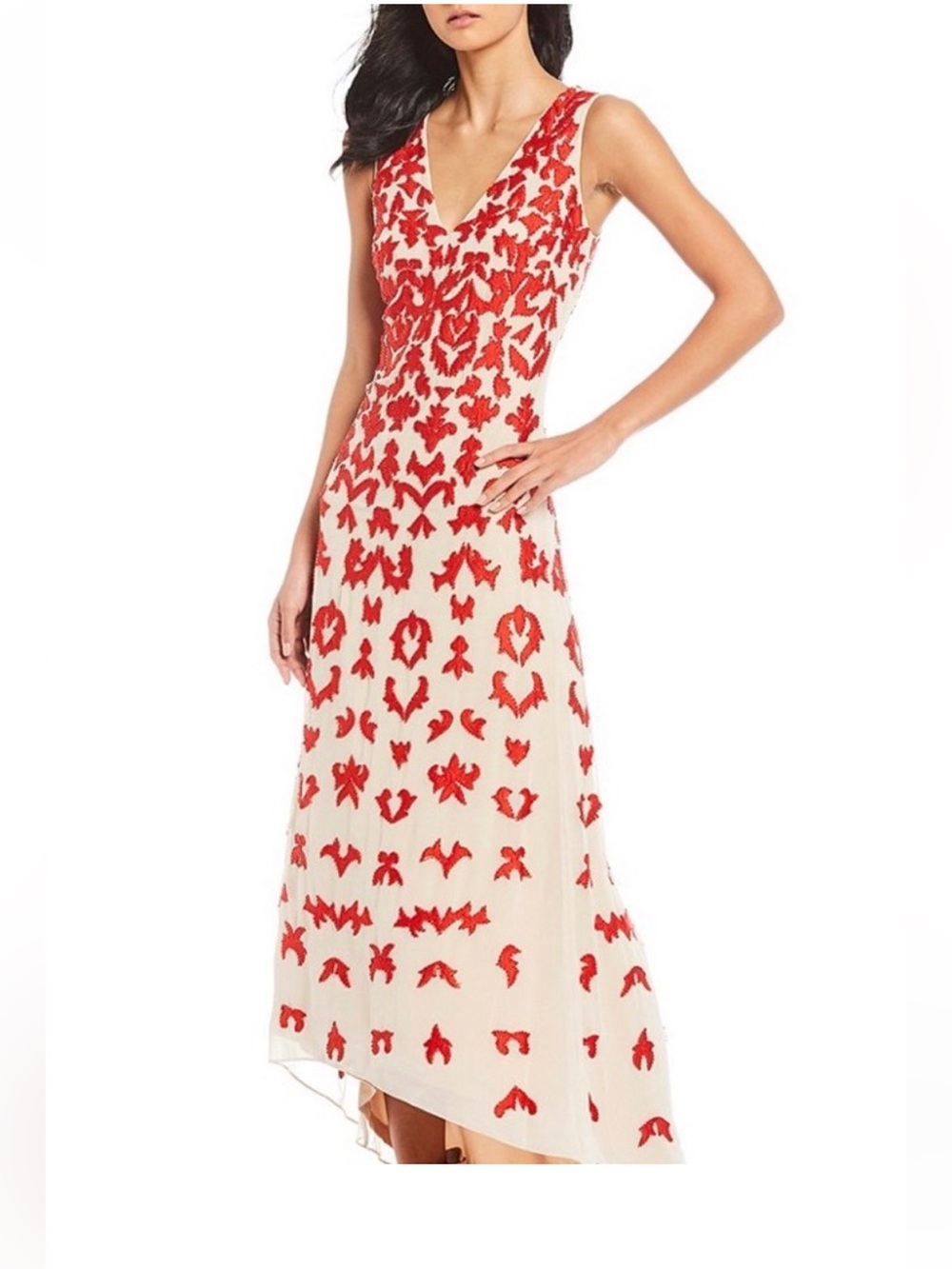 Gianni Bini Cream High-Low Dress with Red Floral Appliqué